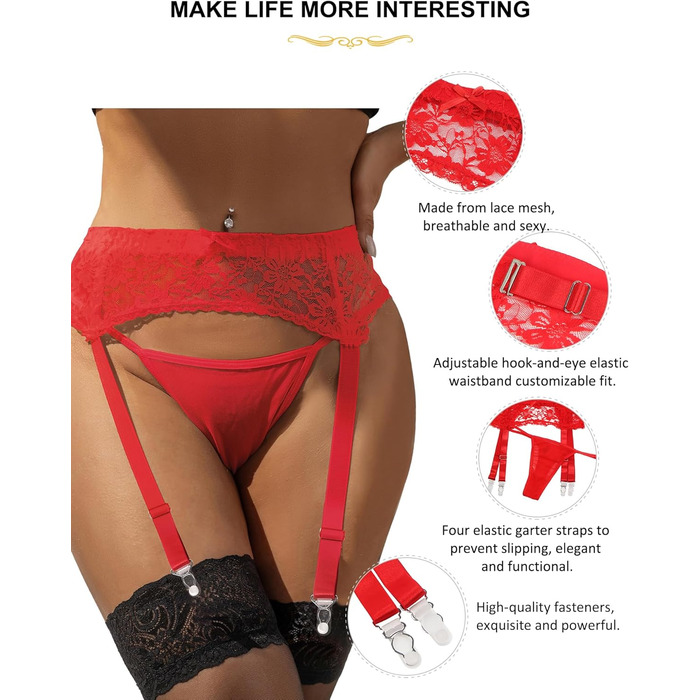 Жіночі мереживні стрінг-тримачі для панчіх з широким поясом та 4 кліпсами, сексуальні стрінг-тримачі великих розмірів, прозома білизна, жіночий набір, регульовані стрінг-тримачі з танго, галстук для панчіх, підвіски (M-L, 2шт - червоний стрінг-тримач + па
