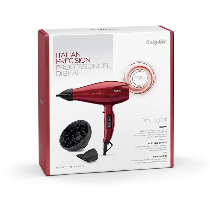 Професійний фен BaByliss Pro Digital 6001DE з дифузором, іонна технологія, 2200 Вт, 3 рівні температури та 4 режими потоку повітря, червоний