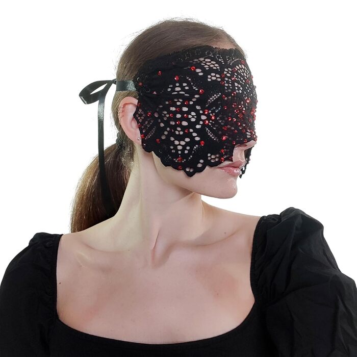 Ручна вишита мереживна маска на обличчя з камінням для жінок, чорна маска для маскараду, балу, карнавалу, весілля, бурлеску, косплею, Марді Гра (чорний колір з червоними каміннями)