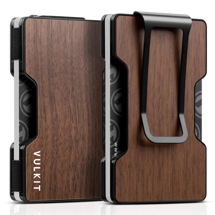 Чоловічий картхолдер VULKIT зі сталевим затискачем для грошей, Slim Wallet з RFID-захистом, компактний гаманець з текстурою під дерево на 12–15 карток