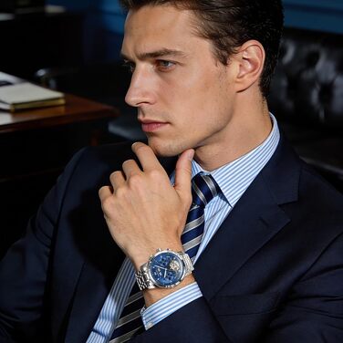 Чоловічий наручний годинник OLEVS Chronograph зі шкіряним ремінцем, японський кварцовий механізм, водонепроникний, класичний елегантний дизайн з датою (7088 Срібло/Синій)