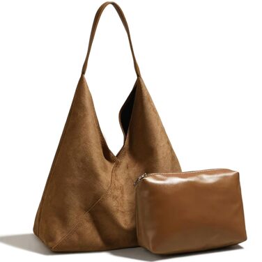 Жіноча сумка-шопер та косметичка (набір 2 шт), середня сумка на плече зі штучної замші, елегантна сумка для офісу, подорожей та щоденного використання (Коричнева)