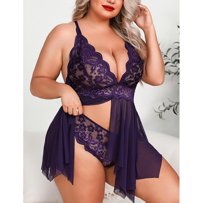 Aranmei: Нічна сорочка боді для жінок великих розмірів, мереживний топ-боді (фіолетовий, L)