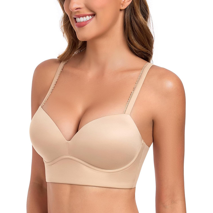 Трусики Lemorosy BH для жінок без кісточок Push Up, безшовні, з глибоким V-подібним вирізом, класичні, зручні, повсякденні бюстгальтери з широкими бретелями (80C, бежевий)
