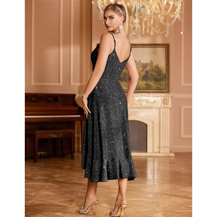 Сукня коктейльна DRESSTELLS для вечірки, весілля, святкування. Чорна, з блискітками, на тонких бретелях, довжина до коліна. Елегантна, для святкових заходів. Розмір L