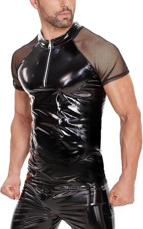 Чоловіча футболка з еластичної шкіри SDGHH-8MMDM, великі розміри, блискучий PVC, прозора сітка, латекс, чорний, 5XL
