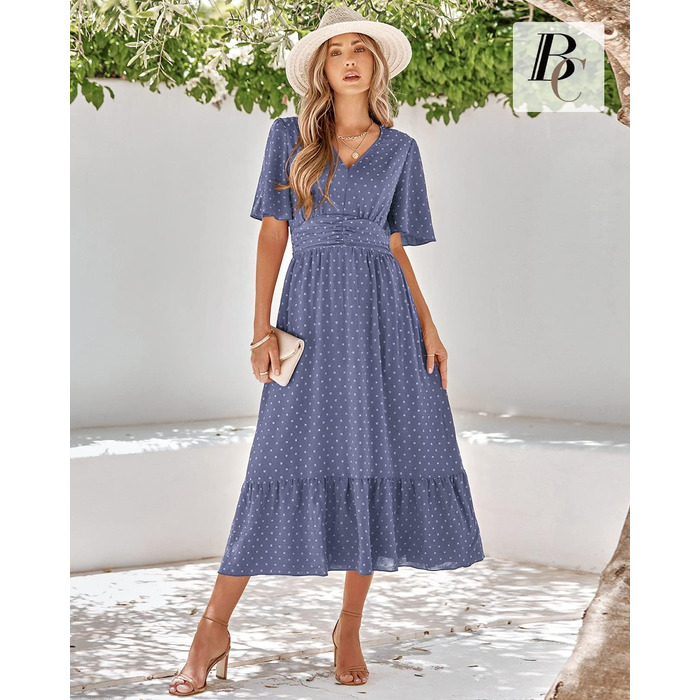 Сукня літня жіноча BebreezChic Boho-шик довга з V-поглибленням, висока талія, швейцарська сітка, квітковий принт, пляжна максі-сукня (XL, блакитно-фіолетова)