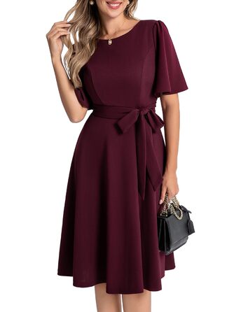 Сукня коктейльна Bbonlinedress жіноча з коротким рукавом, довжини міді, бордового кольору з поясом, для вечірок та весіль