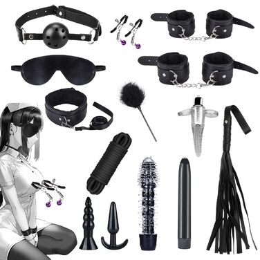Набір для БДСМ з шкіри, 17 предметів: наручники, маска для очей, мотузки, для дорослих пар
