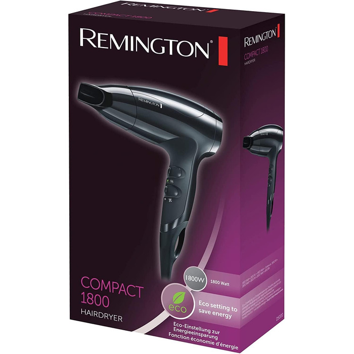 Компактний фен для волосся Remington Compact D5000, 1800 Вт, з насадкою-концентратором, 3 режимами температури та 2 рівнями обдуву, Eco-режим
