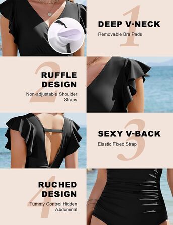 Чоловічий купальник Yuson Girl з рюшами, V-подібний виріз, корегуючий, суцільний, з пуш-ап, монокіні, чорний, XL