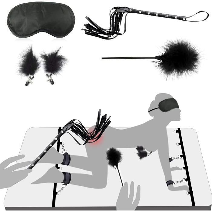 Набір для БДСМ: 26 предметів - наручники, аналплаг, кільце для пеніса, чік, прищіпки для сосків, маска для очей, плеть, заглушка. Ідеальний набір для сексуальних ігор та зв'язування.