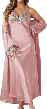 MILAX Халат жіночий, піжама, нічна сорочка, халат-кімоно, комплект, атлас, V-подібний виріз, рожевий, XL