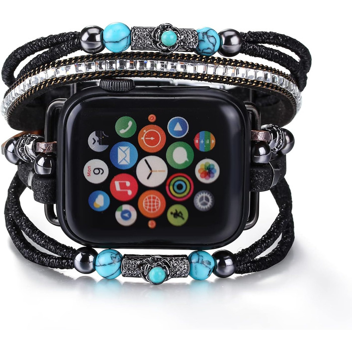 Шкіряний браслет Boho для Apple Watch — багатошаровий ремінець для iWatch Series 11 10 9 8 7 6 5 4 3 2 1 SE Ultra 1 2 3, чорний, 42/44/45/46/49мм