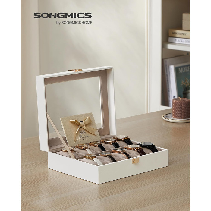 Бокс для годинників SONGMICS на 10 слотів з кришкою-склом, органайзер для годинників з PU-шкіри та оксамитовою підкладкою, чорний JWB010BK