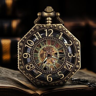 Чоловічий кишеньковий механічний годинник BOSHIYA Vintage Steampunk: скелетон, підсвічування, ручний завод, бронзовий колір (гексагональний корпус)