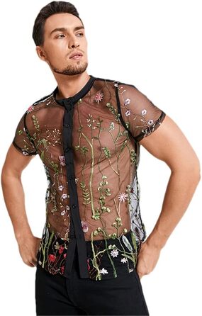 Чоловіча сітчаста сорочка з вишивкою, прозора, на кнопках, дихаюча, для вечірок та клубів, чорна XL