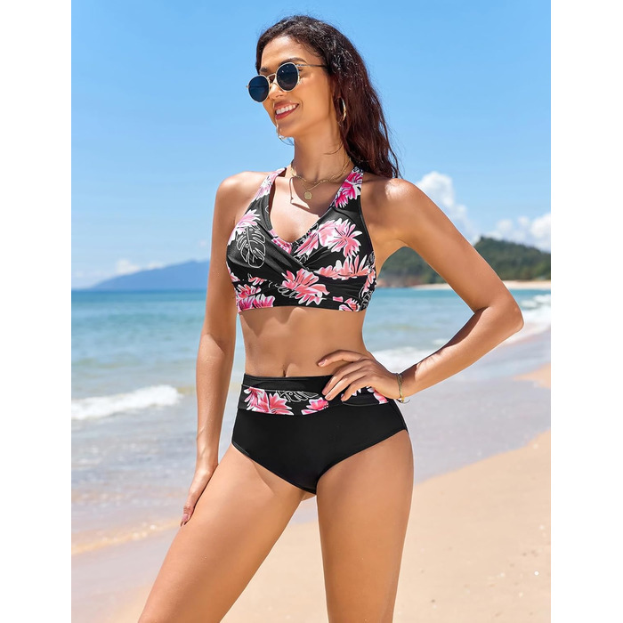 Бікіні жіночий комплект Nadeer: сексуальний V-подібний виріз, push-up, двочастинний, висока талія, рожевий, квітковий принт