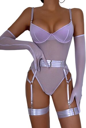 ЕVELIFE Сексуальний боді з мережива та сітки для жінок - 3-частинний комплект з панчохами та рукавичками, фірмовий комплект нижньої білизни (фіолетовий, 36)