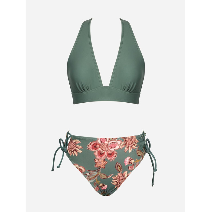 CUPSHE БІКІНІ Спортивний Роздільний Купальник з V-подібним вирізом, на зав'язках, низька талія, квітковий принт, оливковий колір, для жінок