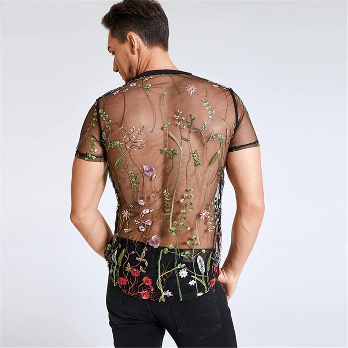 Чоловіча сітчаста сорочка з вишивкою, прозора, на кнопках, дихаюча, для вечірок та клубів, чорна XL