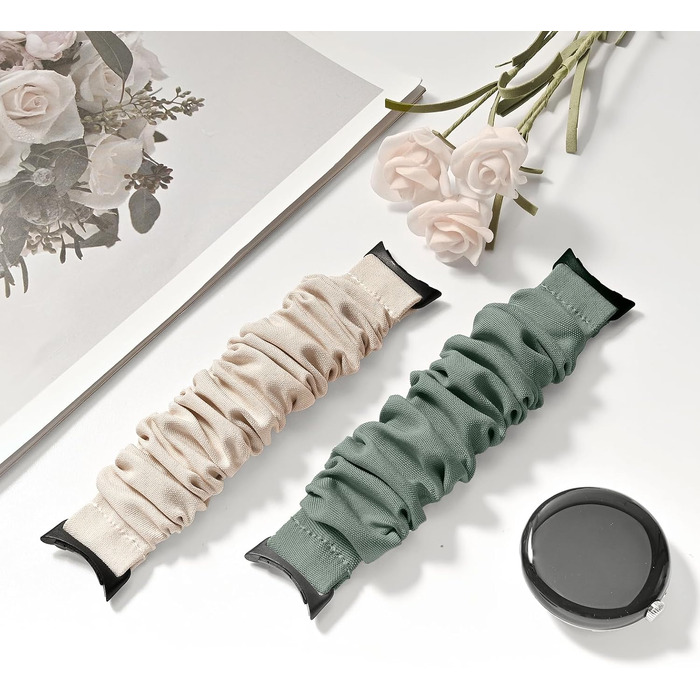 Еластичний тканинний ремінець для Google Pixel Watch 3 41mm, Pixel Watch 2, Pixel Watch — замінний браслет-резинка для жінок (2 шт, Small: 14-16.5 см, Колір: Сріблястий/Кактус)