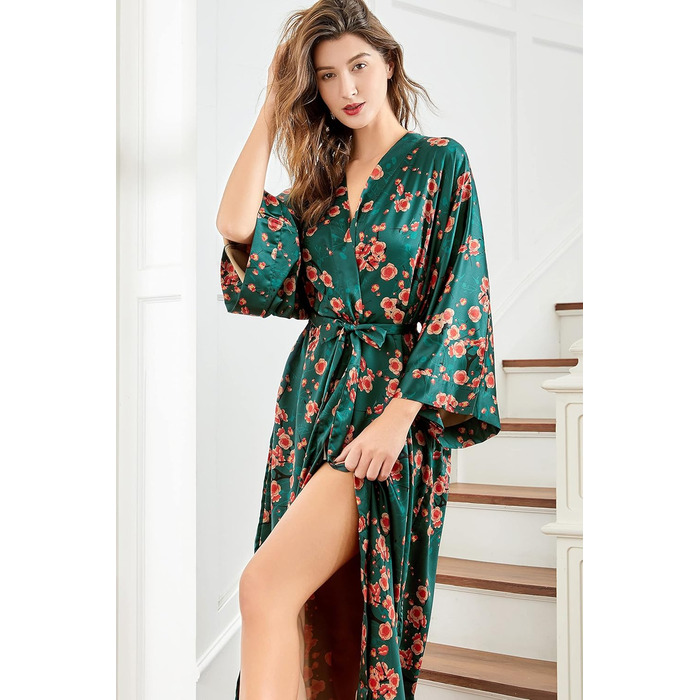 Халат жіночий довгий шовковий сатин, Kimono з принтом павича, BABEYOND, 135 см