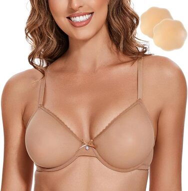 Жіночий бюстгальтер Wingslove з кісточками, мереживний, прозорий, без пуш-ап, з силіконовими накладками на соски (75D, Коричневий)