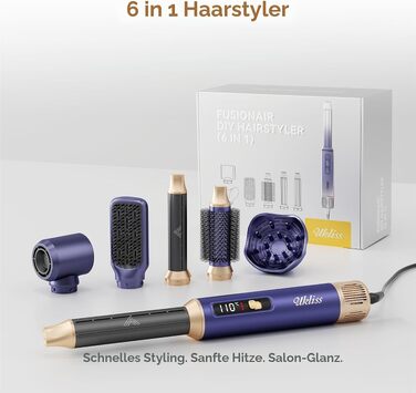 Мультистайлер для волосся 6 в 1 UKLISS Air Styler Set з дифузором, LCD-дисплеєм та насадами для завивки, сушіння та вирівнювання, 1000 Вт, Gold Blue