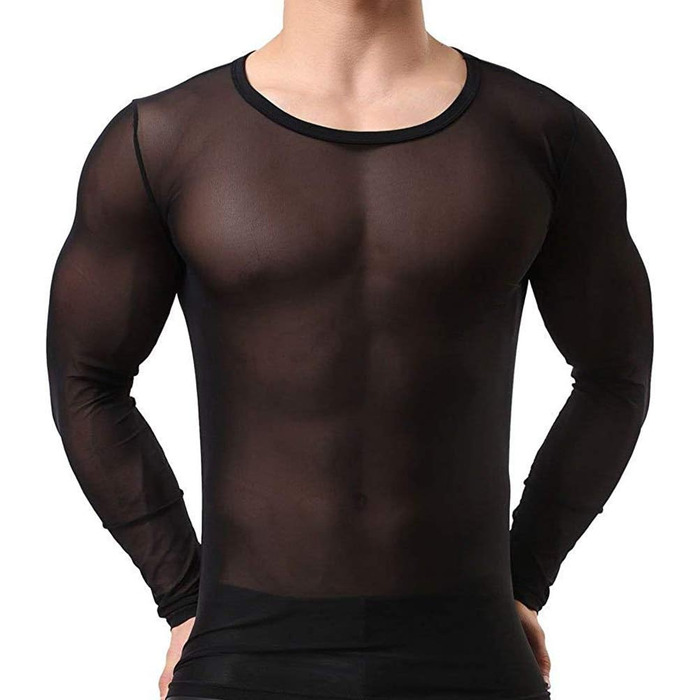 Чоловіча прозора чорна майка з довгим рукавом - нічна сорочка, сексуальна білизна, обтисла футболка з еластичних волокон, чорна майка-сітка L-XL