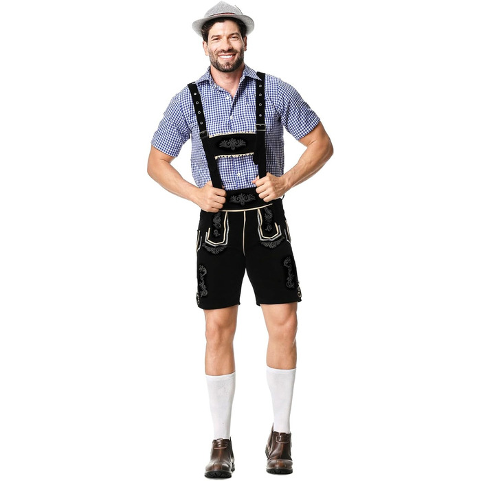 Традиційний костюм для чоловіків RUAOZIA: повний комплект Lederhose, сорочка в керамічну клітинку, для Октоберфесту та тематичних вечірок (чорний, L)