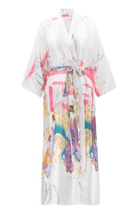 Кимоно халат для жінок великих розмірів, довгий, з атласу, легкий, японський, плюс сайз, халат-кімоно, юката (Sakura Ukiyoe білий, XL)