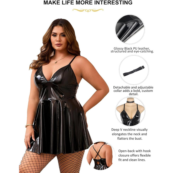Шкіряне плаття-бабідол для жінок, Sexy Look, великі розміри, PU шкіра/Wetlook лак, міні-плаття, V-подібний виріз, A-силует, клубний стиль, чорний колір