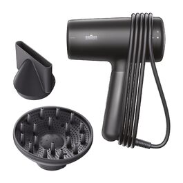 Фен для волосся Braun Haartrockner HD4.2 з дифузором та насадкою для стайлінгу, технологія Super IONTEC, 2100 Вт, 3 температури та 3 швидкості, чорно-сірий, BRHD425E