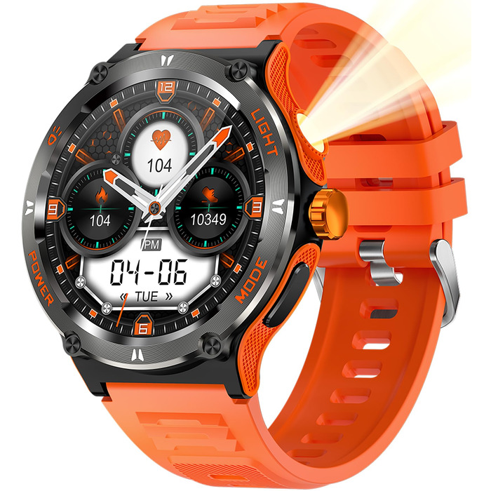 Смарт-годинник findtime Military — ударостійкий тактичний годинник з компасом, LED-ліхтариком, функцією дзвінків та моніторингом пульсу 24h, для Android та iOS (Помаранчевий)