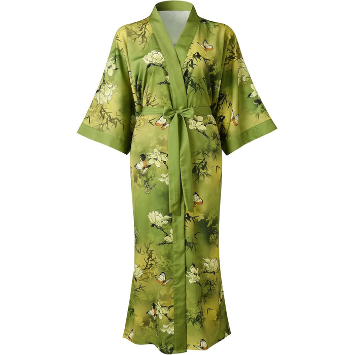 Шовковий халат-кімоно Ledamon для жінок, 100% шовк, класичний квітковий халат, нічна сорочка (один розмір, зелений/жовтий)