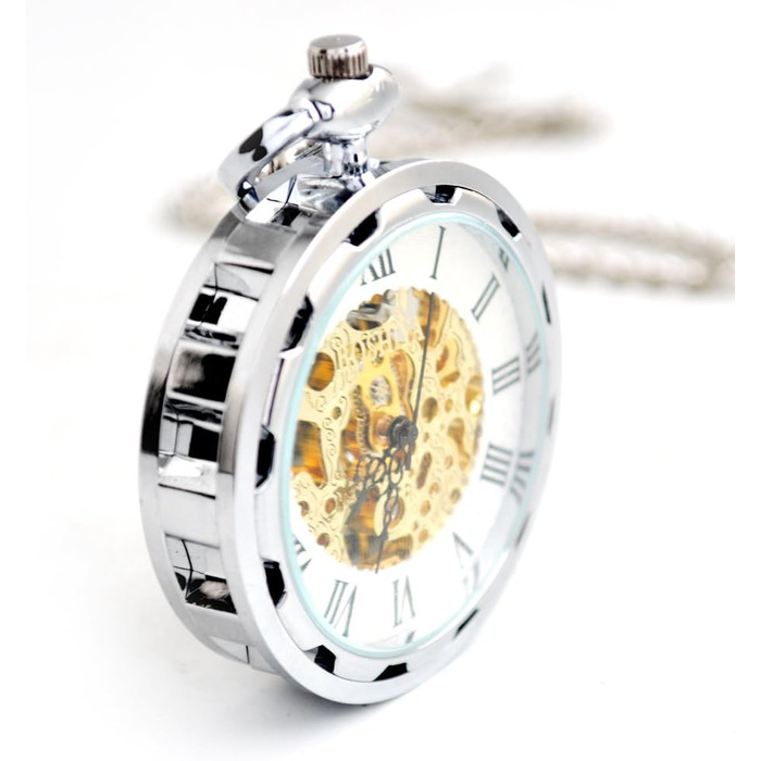 Чоловічий кишеньковий механічний годинник BOSHIYA Vintage Steampunk: скелетон, ручний завод, з підсвіткою та ланцюжком (Сріблястий)