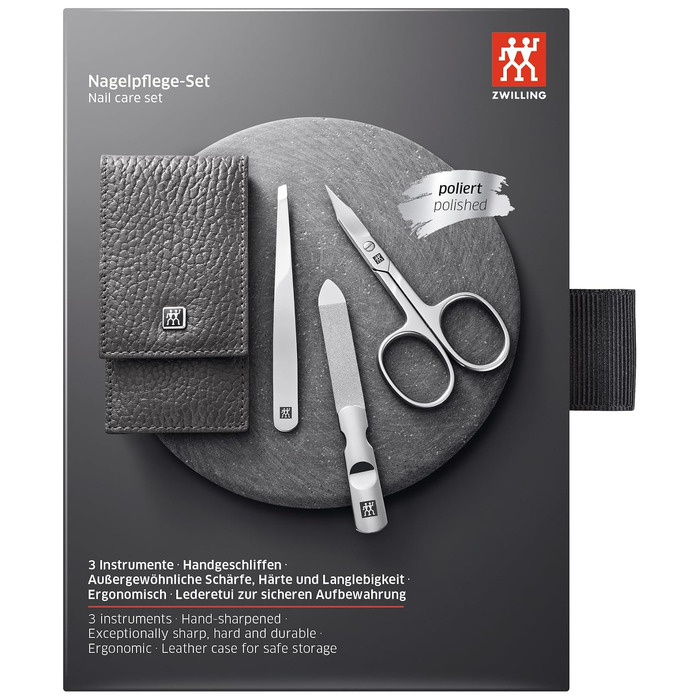 Набір для манікюру та педикюру ZWILLING (3 предмети), полірована нержавіюча сталь, шкіряний футляр, антрацит