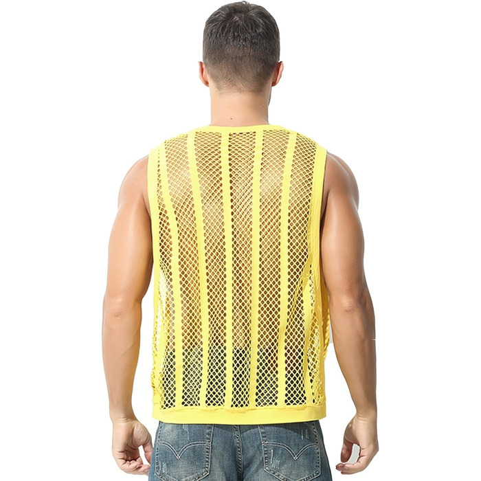 Чоловіча сітчаста майка з смугами, прозора, без рукавів, з вирізами, сітка, зелена (M, жовта)