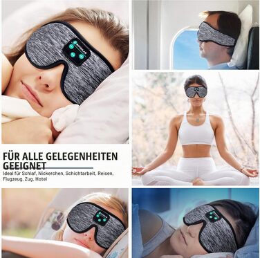 Bluetooth-маска для сну Schlafkopfhörer з 3D-ефектом та HD-стереодинаміками, регульована м'яка пов'язка для сну, медитації та подорожей (Чорна)