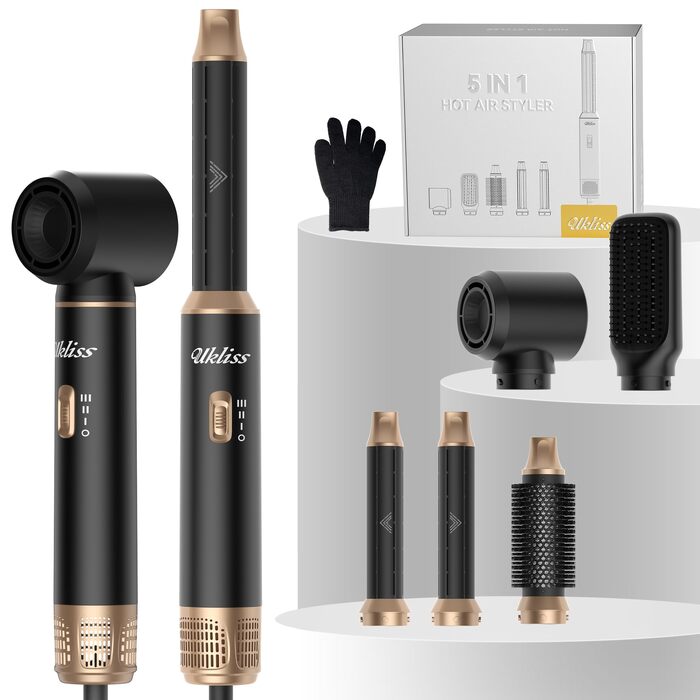 Мультистайлер для волосся 5 в 1 UKLISS Airstyler: фен, вирівнювач, круглі щітки та локони, чорний/золотий
