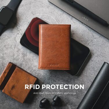 Шкіряний гаманець-картхолдер VULKIT з RFID-захистом, Pop-Up системою, відділенням для купюр та вікном для ID (Коричневий)