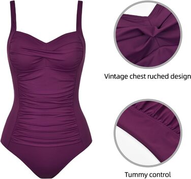Купальник жіночий одноцільний з животом, квадратний виріз, пуш-ап, вінтажний, з рюшами, для схуднення, великі розміри, монокіні (38, V-фіолетовий)
