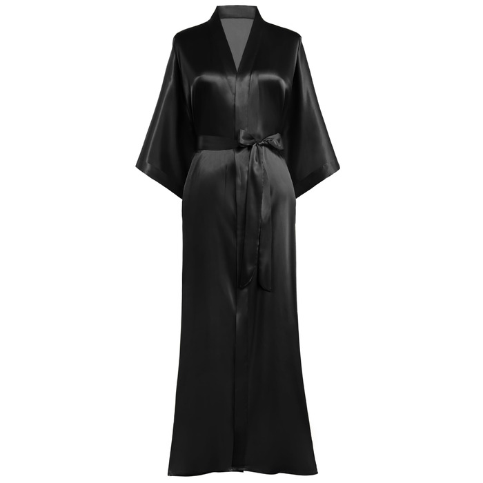 Шовковий халат-кімоно PRODESIGN для жінок, довгий, з поясом, однотонний, чорний. Легкий халат для дому та сну.