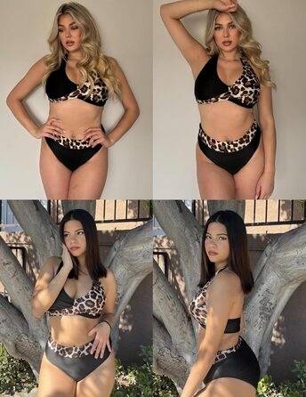 Бікіні жіночий комплект Екауер: двочастинний купальник з високою талією, ефект корекції живота, на зав'язках, S-X (XL, леопард)