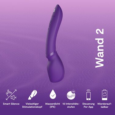 We-Vibe Wand 2: Масажер-вібратор для жінок - бездротовий, з керуванням через додаток, 10 рівнів інтенсивності, тихий, водонепроникний, перезаряджається. Колір: фіолетовий