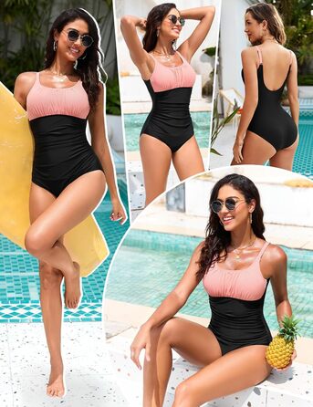 Одноцільний купальник Vancavoo з пуш-ап, корегуючий, з відкритим спиною, рюшами та V-подібним вирізом (M, Рожевий + Чорний)