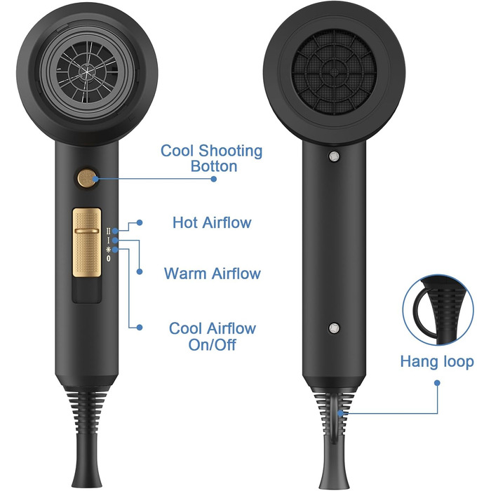 Іонний фен для волосся slopehill 1800W з AC-мотором, набір з дифузором та стилізуючою насадкою, 3 температурних та 2 режими обдуву, для дому та подорожей (Графітовий чорний)