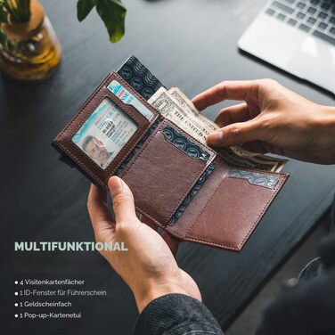 Шкіряний чоловічий картхолдер VULKIT з Pop-up механізмом, RFID-захистом, відділенням для купюр та вікном для ID, колір Espresso