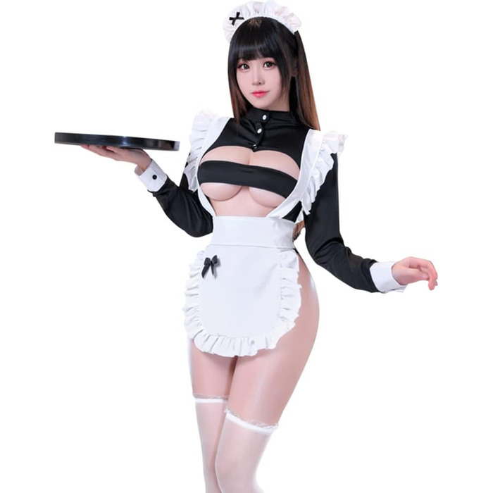 Костюм горничної SINROYEE: сексуальна мереживна піжама для косплею, піжама-бабідол, набір сексуальної французької горничної (білий + чорний), універсальний розмір